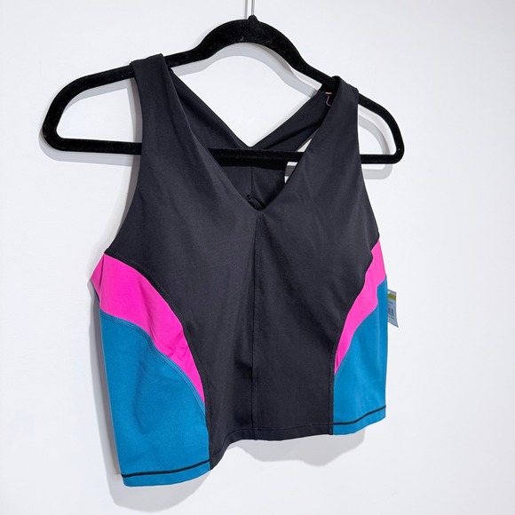 SWEATY BETTY Sports Bra‎ Crop Top Size L Black Pink Blue Athletic Workout NEW - Picture 2 of 8